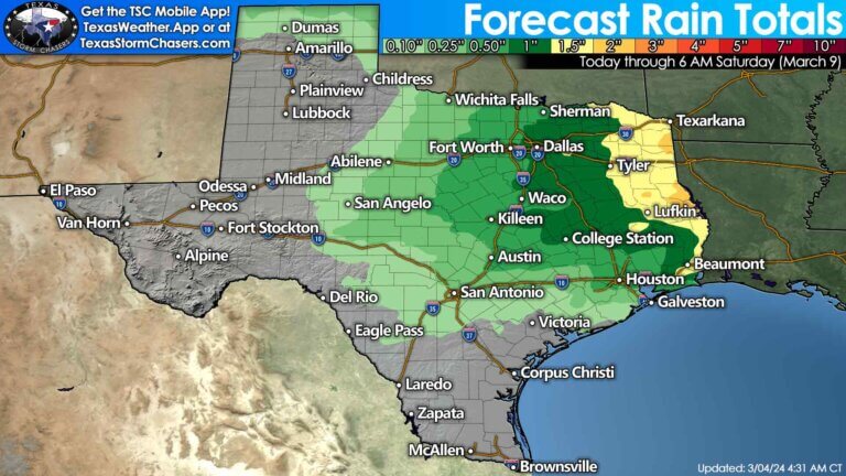 Forecast rain totals through Saturday morning across Texas. One to two inches of rain will be possible across the eastern third of Texas. Thursday and Friday look to be our two wettest days. Light rains are also possible in the Texas Panhandle, Northwest Texas, south into the Big Country and Concho Valley.