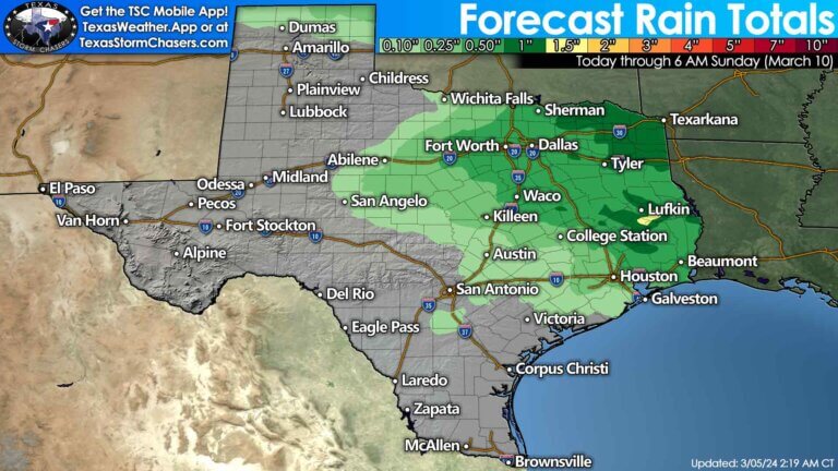 Forecast rain totals across Texas through Sunday morning. One to two inches of rainfall will be possible across the eastern third of Texas through Sunday, with a few hundredths to two-tends of an inch possible in Texoma, the Big Country, Concho Valley, Hill Country, and the northern Texas Panhandle.