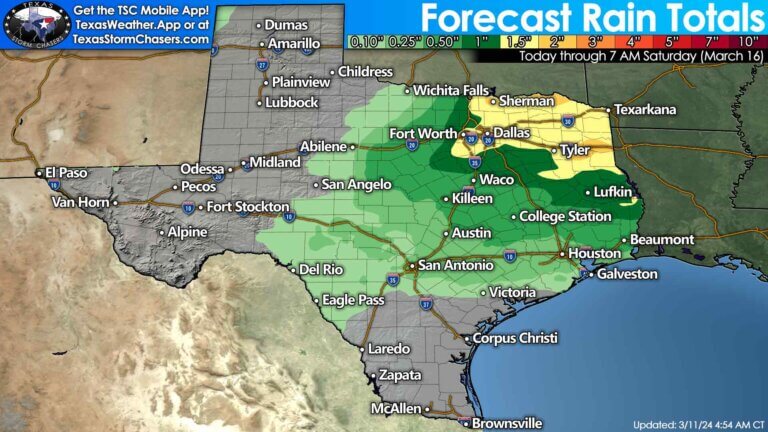 Forecast rain totals across Texas for Thursday through early Saturday morning. The heaviest rains, one to three inches, are expected across North Texas, Texoma, Northeast Texas, the Ark-La-Tex, into East Texas. Totals fall off further south and west.
