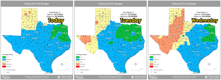 Wildfire danger will become very high across the western third of Texas by Wednesday.
