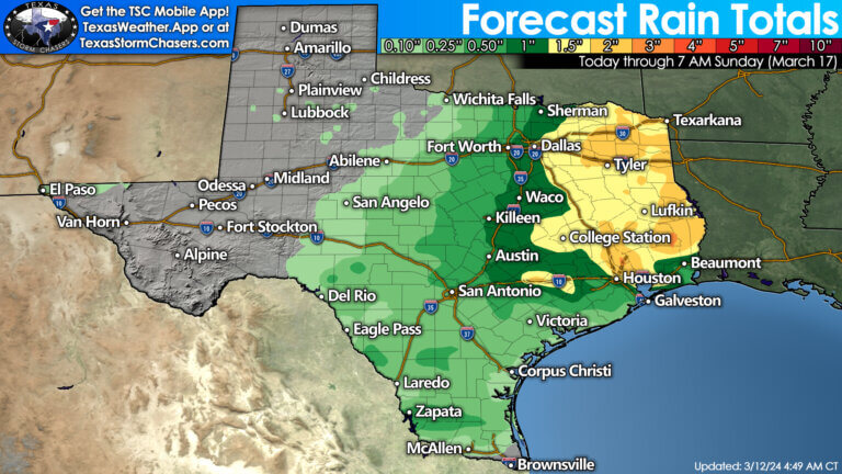 The heaviest rains from Thursday through Saturday will be across the eastern third of Texas. One to three inches of rainfall, with locally higher amounts, may occur. Localized flooding is expected. Rainfall amounts between one-half and one-inch are possible across Texoma, North Texas, the eastern Big Country, the COncho Valley, the Hill Country, Central Texas, down into the Edwards Plateau, Rio Grande Plains, South-Central Texas, east into the Coastal Bend and the Victoria Crossroads/Coastal Plains. 