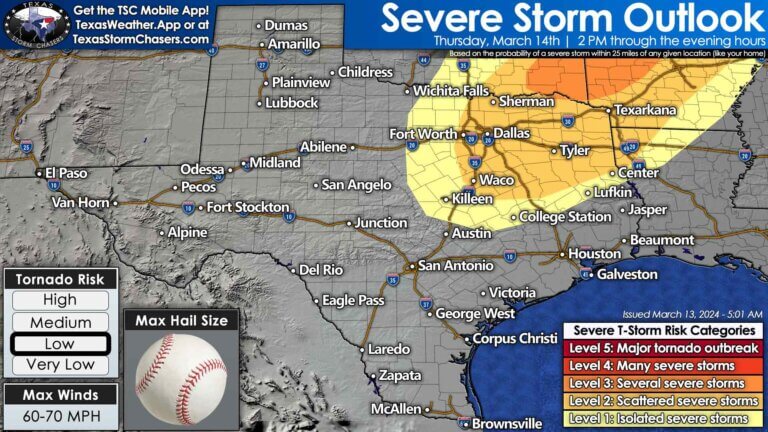 Scattered severe thunderstorms are expected from mid-afternoon Thursday through Thursday evening across eastern Texoma, North Texas (generally along and east of Interstate 35 or the D/FW Metroplex south to Waco) into Northeast Texas and the Ark-La-Tex. The most intense storms may produce damaging hail, strong wind gusts, and tornadoes cannot be ruled out.