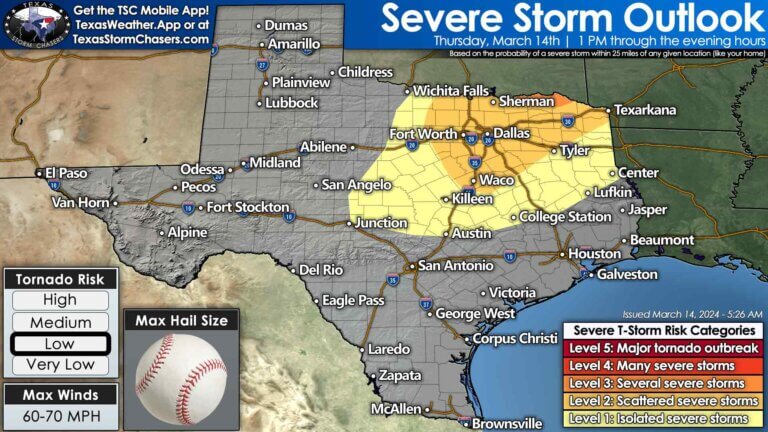 Today's severe thunderstorm outlook from the Storm Prediction Center. The highest chance for severe storms will be in Texoma, North Texas, and Northeast Texas (Ark-La-Tex) this afternoon into early Friday morning.
