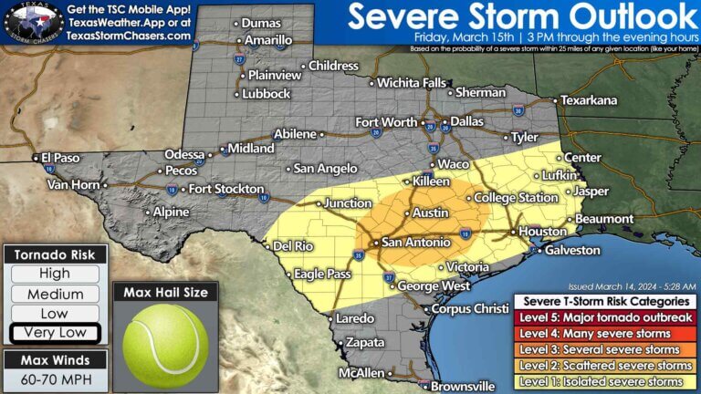 Friday's severe thunderstorm outlook from the Storm Prediction Center. The highest chance for severe storms will in the Hill Country, Central, and South-Central Texas with a lower risk toward Del Rio and east across Southeast Texas and East Texas.