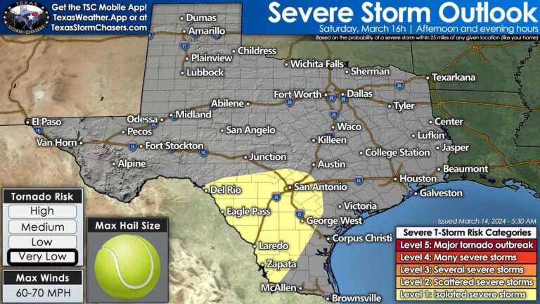 Saturday's severe thunderstorm outlook from the Storm Prediction Center. The highest chance for isolated severe storms will be in Southwest Texas, the Rio Grande Plains, and South Texas during the afternoon hours.