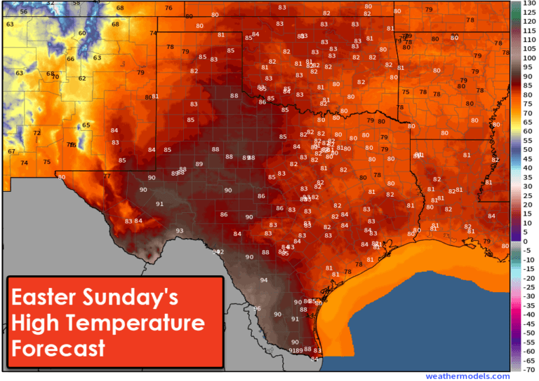 Easter Sunday's High Temperature Forecast. We anticipate high temperatures across Texas to be mainly in the 80s, or worse – not a tiny portion of the state may be in the 90s.