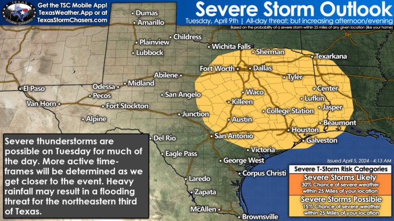 Severe thunderstorms are possible on Tuesday for much of the day in Texoma, North Texas, Central Texas, the Hill Country, Brazos Valley, Coastal Plains, Southeast Texas, East Texas, Northeast Texas, and the Ark-La-Tex. More active time-frames will be determined as we get closer to the event. Heavy rainfall may result in a flooding threat for the northeastern third of Texas.