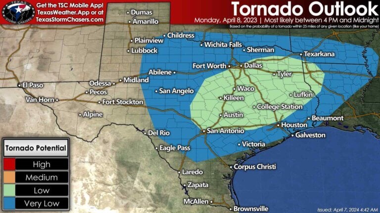 The highest relative tornado threat Monday afternoon and Monday evening is expected to be in Central Texas, the Brazos Valley, North Texas, and East Texas. A tornado can't be ruled out farther west and north, though. A more narrow corridor of higher tornado potential may need to be outlined in future updates.