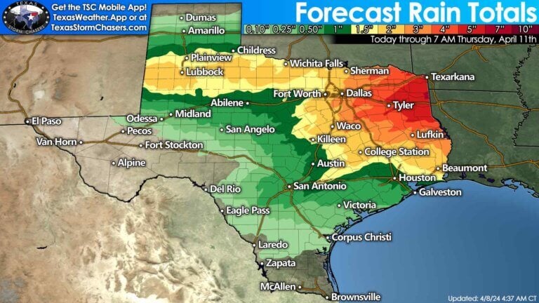 On Tuesday and Wednesday, heavy rain will result in flash flooding in parts of North Texas, Northeast Texas, and East Texas. Three to eight inches of rain are possible by the time rain stops falling on Thursday in eastern North Texas, Northeast Texas, the Ark-La-Tex, and East Texas. One to three inches of rain will be possible across West Texas, Northwest Texas, Texoma, North Texas, into the Brazos Valley, and Southeast Texas. Amounts will be lower in regions to the southwest. 