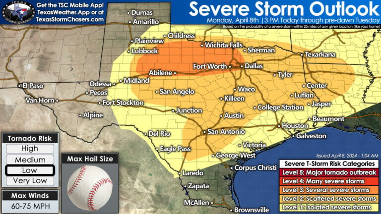 Severe thunderstorms are possible after 3 PM today through Tuesday morning in Central Texas, Brazos Valley, North Texas, Northeast Texas, East Texas, and the Ark-La-Tex. All modes of severe weather are possible – including large hail, damaging winds, and a few tornadoes. Severe thunderstorms are possible after 5 PM in Northwest Texas, West Texas, the Permian Basin, Big Country, Concho Valley, Texoma, and the Hill Country. Like areas farther east, very large hail, damaging winds, and a tornado are all possible with the most intense storms. Activity in the west will move east tonight, continuing well into the night.