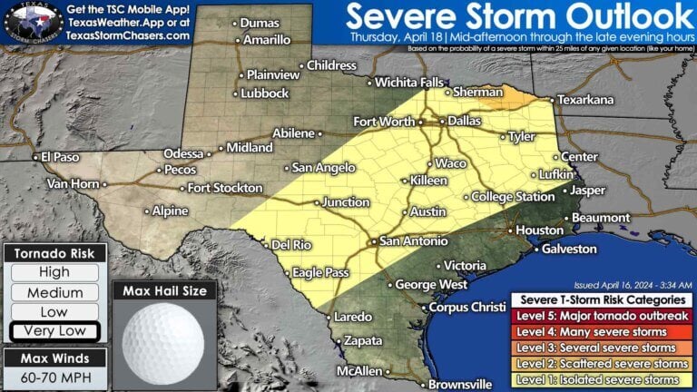 Isolated to scattered thunderstorms will return Thursday afternoon into Thursday night in the Ark-La-Tex, Northwest Texas, Texoma, North Texas, East Texas, Central Texas, the Brazos Valley, Hill Country, toward Del Rio and Eagle Pass. Some storms may be strong to severe with hail and high winds.