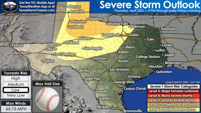 Scattered severe thunderstorms are possible after 3 PM Thursday in the eastern Texas Panhandle, West Texas, and Permian Basin. Very large hail and damaging wind gusts are possible with the most intense storms. A line of storms, some producing strong winds and hail, will develop Thursday evening in those same regions. The squall line will move east into Northwest Texas, Big Country, Concho Valley, Texoma, and North Texas by Friday morning.