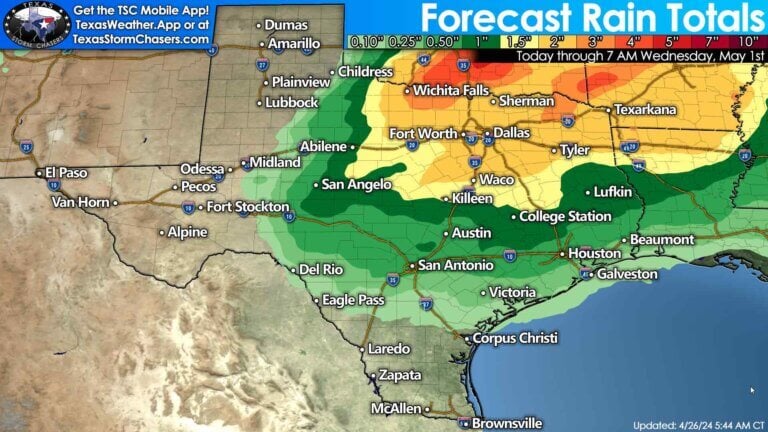 Flooding rainfall (two to five inches) will be possible through the upcoming mid-week across Texoma, North Texas, Northeast Texas, and the Ark-La-Tex. One-tenth to two inches of rain will be possible in Northwest Texas, Big Country, Concho Valley, Hill Country, South-Central Texas, Coastal Plains, Southeast Texas, and East Texas. Much of next week will be unsettled with multiple chances for rain through the week.