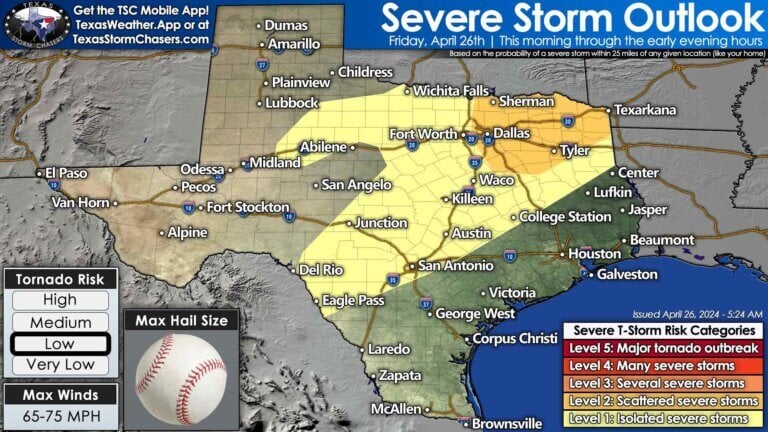 Scattered severe storms are possible late this morning, early this afternoon, and perhaps again by early evening in Texoma, North Texas, Northeast Texas, and the Ark-La-Tex. All modes of severe weather are possible. Isolated severe storms are possible around dinner-time through 10 PM in the Hill Country.