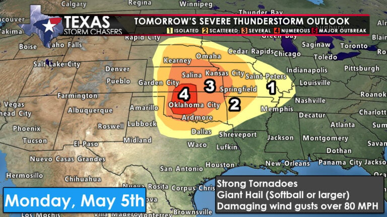 A severe weather outbreak is expected on Monday afternoon into Monday night across Nebraska, Kansas, and Oklahoma. An isolated severe storm can't be ruled out in Texoma and North Texas. If we have storms in Texas, they'd be capable of producing tornadoes, giant hail, and damaging wind gusts.