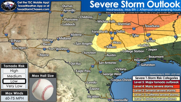 The chance for scattered severe thunderstorms will return to portions of the Concho Valley, Hill Country, Central Texas, North Texas, Texoma, Northeast Texas, East Texas, Brazos Valley, and Southeast Texas Wednesday afternoon through Thursday. Large hail, damaging winds, frequent lightning, and locally heavy rain are the main threats. Not all storms will be severe.