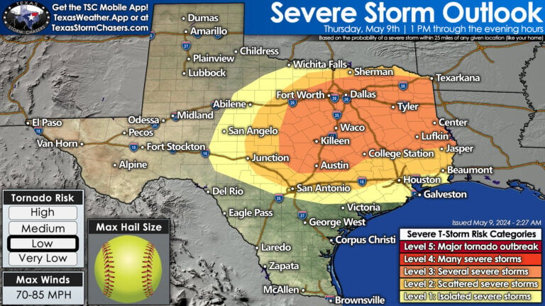 Scattered to several severe thunderstorms are expected this afternoon and evening in the eastern Concho Valley, eastern Big Country, Texoma, North Texas, Northeast Texas, Ark-La-Tex, East Texas, Southeast Texas, Brazos Valley, Central Texas, and Hill Country. Storms will likely first develop in northern portions of the risk area, and move south this evening.