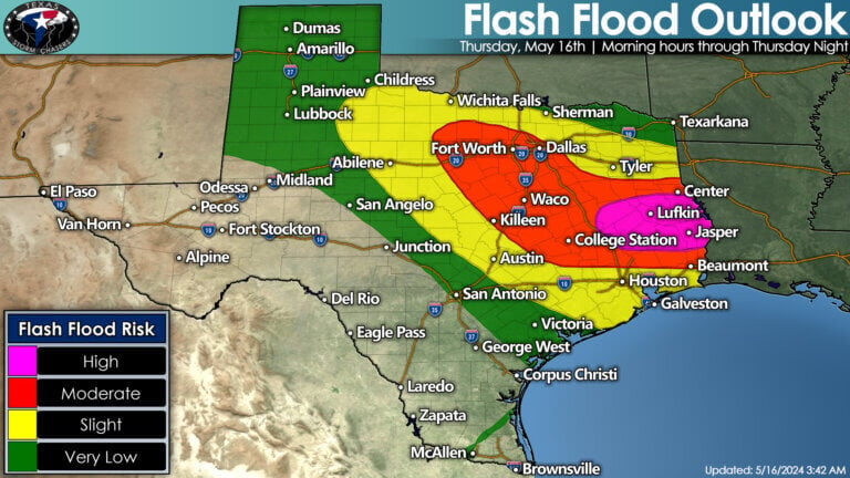 Flooding is likely today due to heavy rainfall across North Texas, Central Texas, the Brazos Valley, East Texas, and Southeast Texas.
