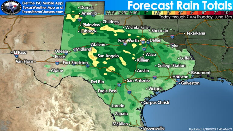 One-half to one and a half inches of rain are forecast across a majority of Texas over the next three days thanks to summer thunderstorm chances. The lowest rain chances will be around El Paso in Far West Texas, the northeastern Texas Panhandle, and the Ark-La-Tex in Northeast Texas. 