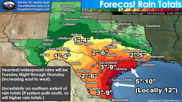 Several inches of rain are expected to fall over the next several days across the southern half of Texas. Some locations may receive between six and ten inches of rain. The flooding threat will be highest on Tuesday night, Wednesday, and Thursday. There may be a sharp cut-off for rain for the northern half of Texas.