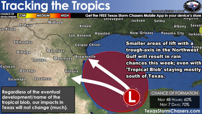 A tropical disturbance has a high chance of evolving into a tropical depression or weak tropical storm in the western Gulf of Mexico over the next couple of days. This system is slowly moving toward northern Mexico; with moisture and gusty winds for the Texas Gulf Coast.