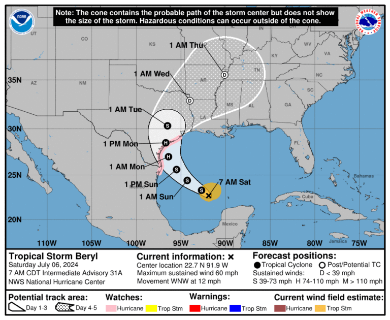 The latest track information for Beryl from the National Hurricane Center.