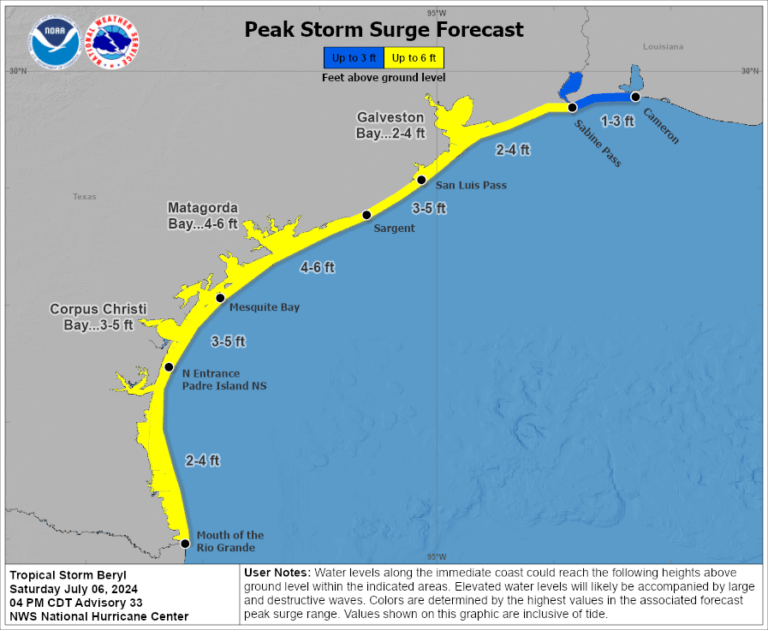 There is a danger of life-threatening storm surge inundation late Sunday night and Monday along the coast of Texas from the north entrance to the Padre Island National Seashore to San Luis Pass. Residents in that area should follow any advice given by local officials and follow evacuation orders.