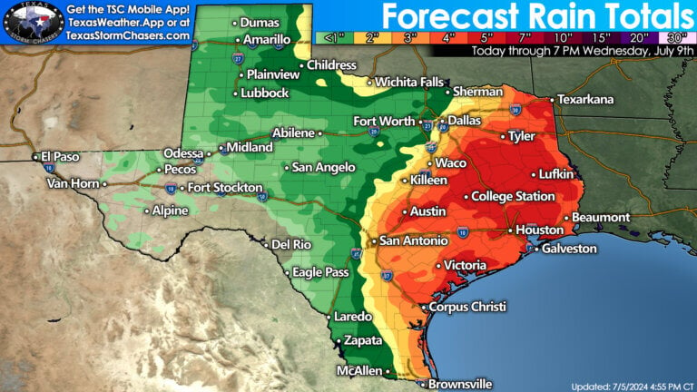 Five to ten inches of rain is forecast across the esatern third of Texas through Wednesday of next week. One-tenth to three inches of rain will be possible across the Panhandle, West Texas, Concho Valley, into South Texas - and points east.