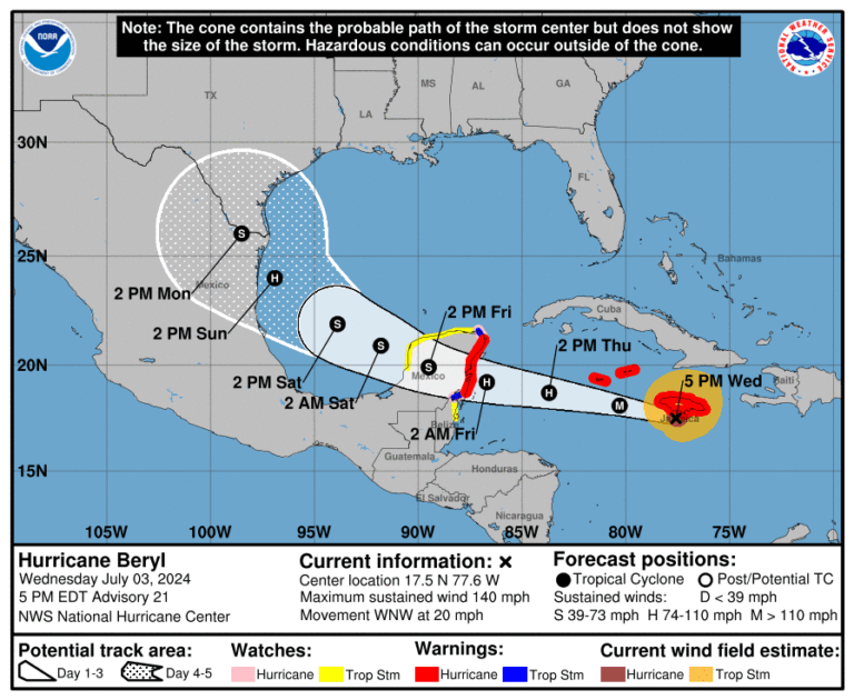 Hurricane Beryl Key Messages: 1. Devastating hurricane-force winds, life-threatening storm surge, and damaging waves are expected to continue in Jamaica over the next several hours and spread into the Cayman Islands tonight. Mountainous locations in Jamaica are likely to experience destructive wind gusts. 2. Life-threatening flash flooding and mudslides from heavy rainfall are expected over much of Jamaica and southern Haiti through today. 3. Damaging winds, a dangerous storm surge, and heavy rainfall are expected over portions of the Yucatan Peninsula and Belize beginning Thursday night as Beryl approaches that area as a hurricane. Hurricane and Tropical Storm Warnings are now in effect for portions of that area. 4. There remains uncertainty in the track and intensity forecast of Beryl over the western Gulf of Mexico this weekend. Interests in the western Gulf of Mexico, including southern Texas, should monitor the progress of Beryl.