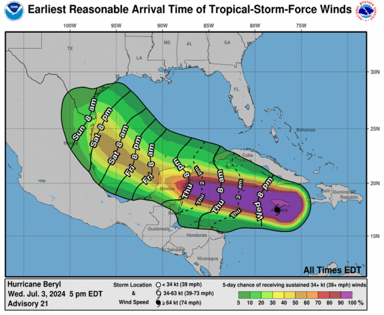 Tropical storm force winds (39+ MPH) may arrive along the Rio Grande Valley and South Texas coast by sunrise on Sunday. Much will depend on the eventual track, speed, and intensity of Beryl. It is possible hazards may also expand north to the Coastal Bend.