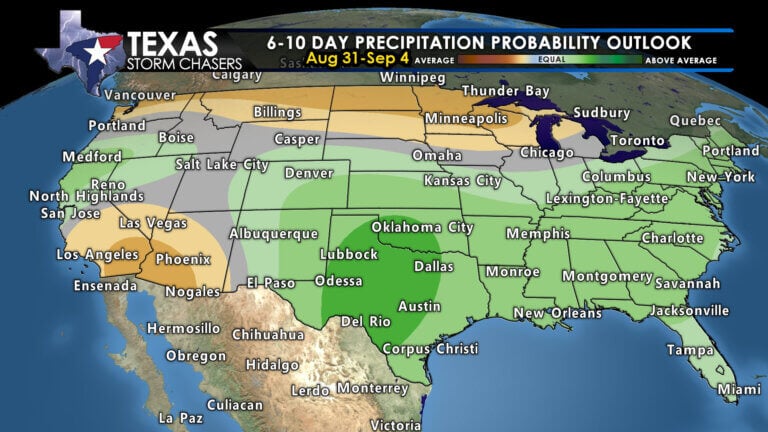 Now that the high pressure areas over Texas have cleared, the chances of rain over the weekend and next week, the first week of September, are higher than average.