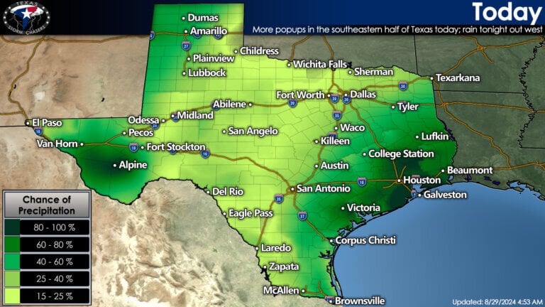 Scattered showers and thunderstorms are expected today across the eastern and southeastern third of Texas. Heavy rain is possible along the Upper Texas Gulf Coast. Rain chances increase tonight across the Panhandle and West Texas as a cold front moves south.