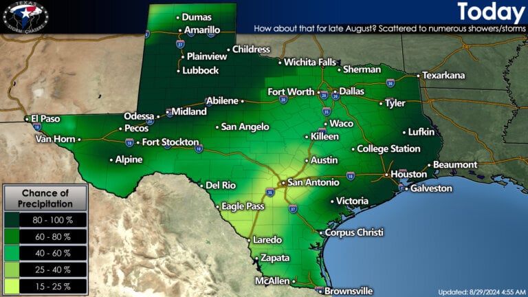 Scattered thunderstorms are likely across much of Texas Friday and Friday night. Some heavy rain is possible.