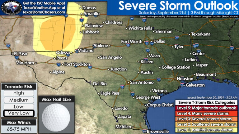 Isolated to isolated severe storms are possible in the Texas Panhandle and West Texas tomorrow.