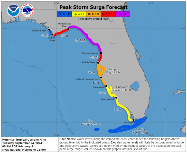 A storm surge forecast map for the west coast and panhandle of Florida. Water levels may rise as much as 15 feet above ground level.