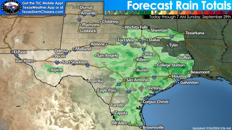 Over the next few days, isolated showers and thunderstorms may bring total rainfall of 2.5 to 1 inch (6.35 to 2.54 centimeters) across the eastern half of Texas.