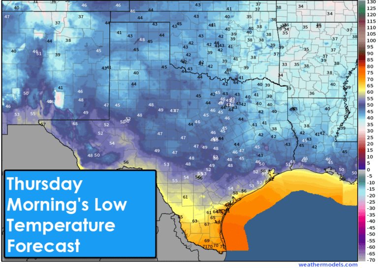 Significantly cooler temperatures are forecast for Texas through Thursday morning, with 30 to 40 degrees for the northern half of the state and 50 to 60 degrees for the southern third.