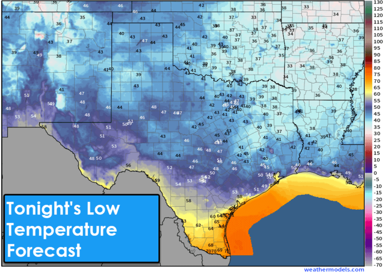 Tonight's low temperature forecast across Texas calls for temperatures to fall into the upper 30s and 40s across the northern two-thirds of the state; with 50s and 60s along the Gulf Coast and South Texas.