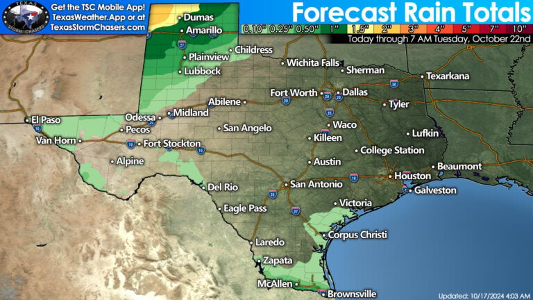 A map of Texas showing forecast rainfall amounts for the next five days. Significant rainfall is only expected in the Panhandle.