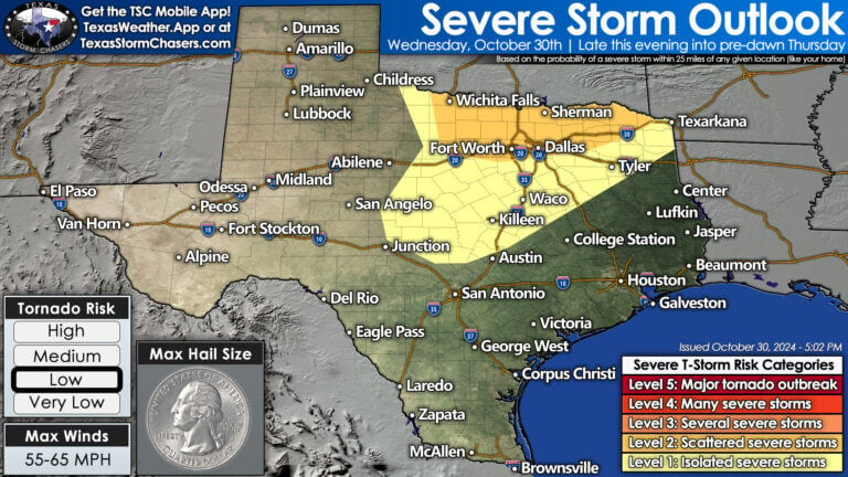 Isolated to isolated severe storms are expected late this evening and overnight across Texoma, North Texas, Ark-La-Tex and the eastern Big Country as a cold front moves southeast.