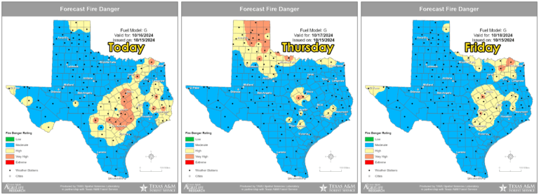 A high to very high wildfire threat is forecast across Texas on Wednesday, Thursday and Friday.