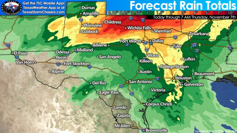 Several inches of rain are forecast to fall across the northern half and eastern half of Texas over the next five days. Local flooding may occur.