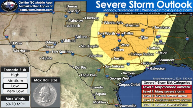 Severe storms are possible across the eastern half of Texas Monday and Monday nights. Damaging wind gusts, heavy rain and a few tornadoes appear to be the main hazards.