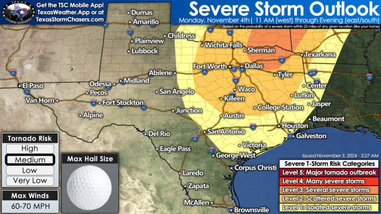 Severe storms are expected from midday Monday through the evening as a cold front moves across the eastern half of Texas. 