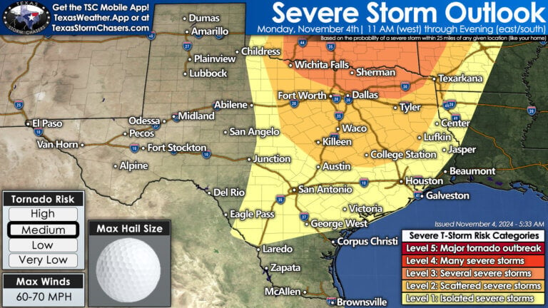 Severe thunderstorms are possible across the eastern half of Texas today. The most intense storms can produce tornadoes, damaging winds, heavy rain and hail.