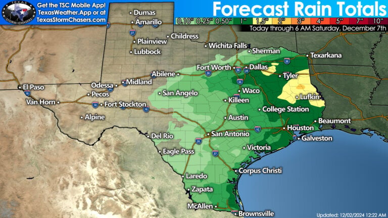 Predicts rainfall amounts across Texas over the next five days. The eastern half of Texas has the best chance of favorable rainfall. 