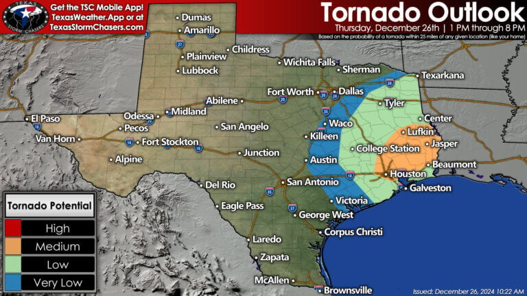 Today's tornado risk for Texas, showing a low to medium threat across the eastern third of Texas this afternoon.