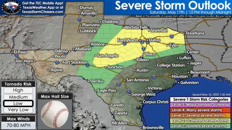 The threat of severe storms will continue into Saturday, and expand farther west to include the Big Country and Concho Valley. Storms will develop earlier, too - around lunchtime and continue into the evening. Very large hail, damaging winds, and a few tornadoes are possible.